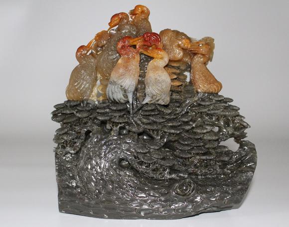 清代清代寿山芙蓉冻松鹤同寿雕件