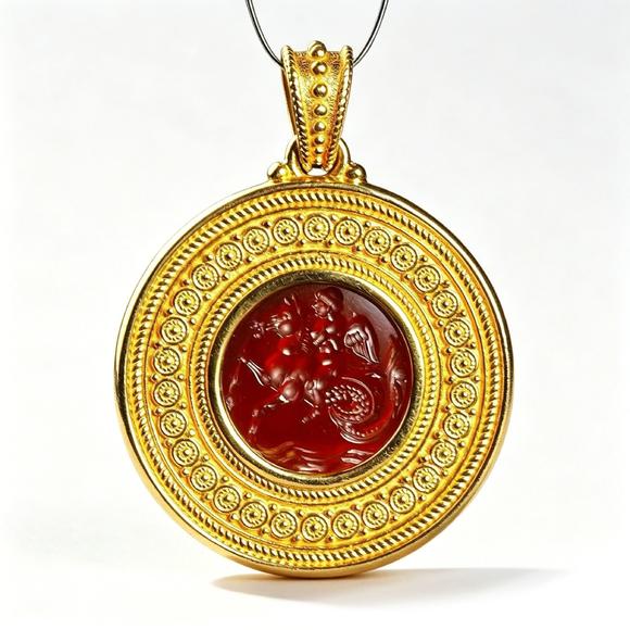 Horizontal Enchère Etruscan Revival 22K Gold Carnelian Intaglio Pendant