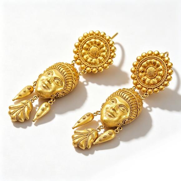 Horizontal Enchère Pair of Etruscan Revival Granulated Gold Mask Drop Earrings