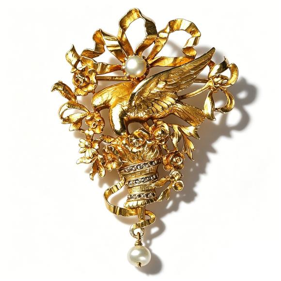 Horizontal Enchère French Art Nouveau Repoussé 18K Gold Dove Floral Basket Pearl Diamond Brooch
