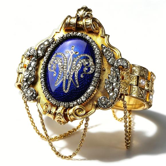 Horizontal Enchère Napoleon III Detachable Guilloché Enamel Diamond Gold Bracelet