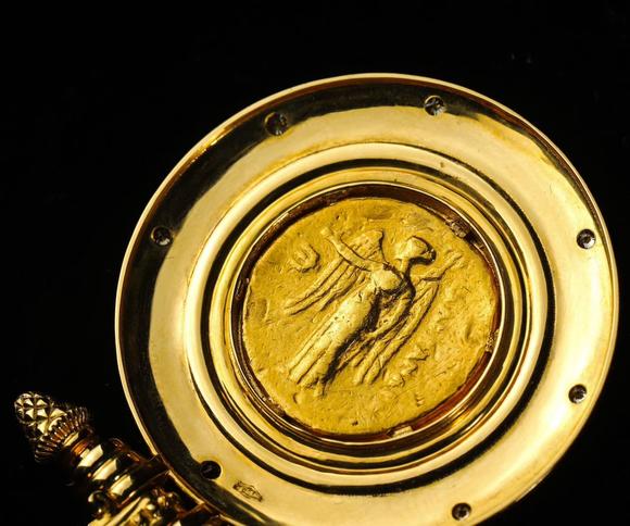 Horizontal Enchère Etruscan Revival Granulated Gold Athena Ancient Coin Pendant