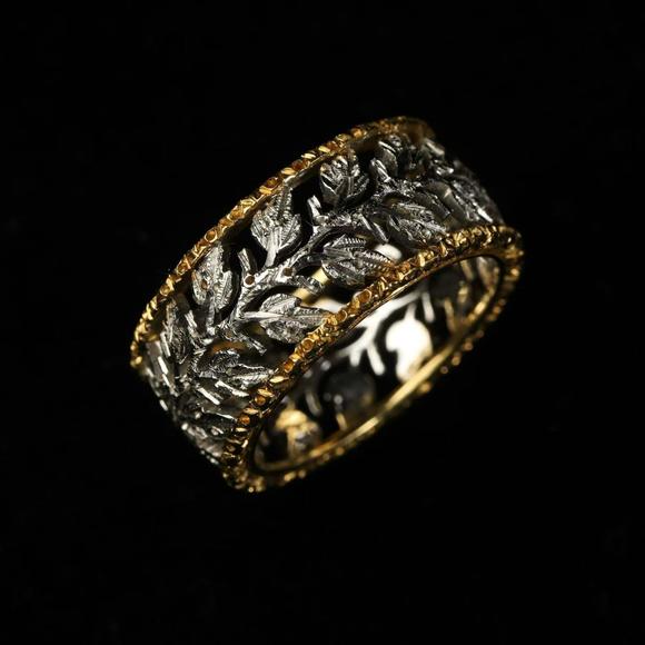 Horizontal Enchère Mario Buccellati Bi-Metal Lace Leaf Wide Band Ring