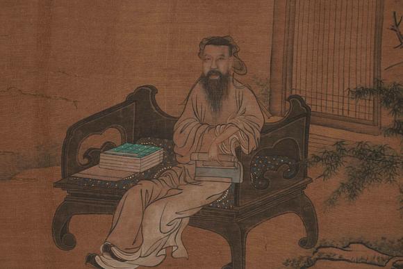 Horizontal Enchère Antique Silk Scroll of Scholar Admiring Bird in Mountain Retreat