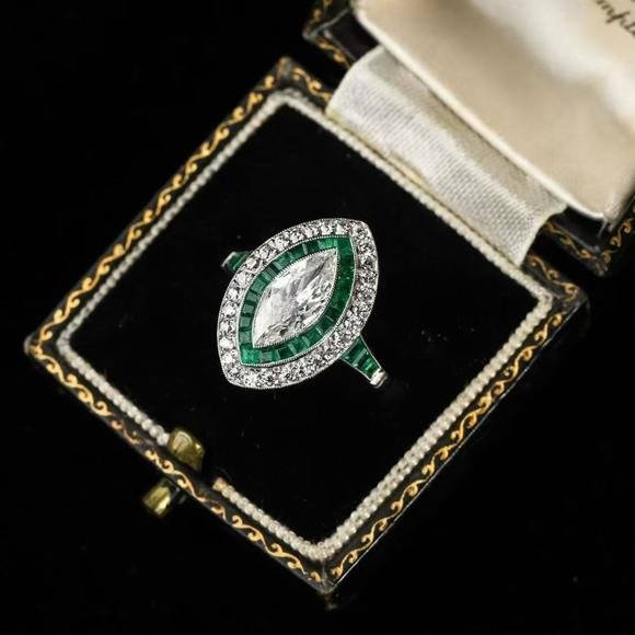 Horizontal Enchère Art Deco Platinum Marquise Diamond & Calibre Emerald Ring with Original Fitted Box