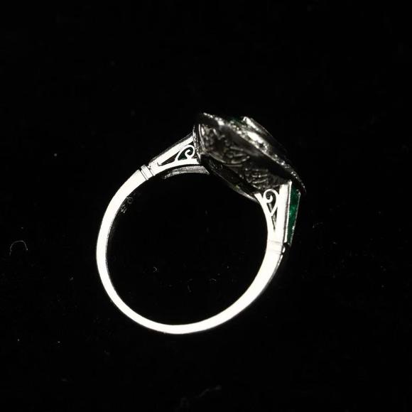 Horizontal Enchère Art Deco Platinum Marquise Diamond & Calibre Emerald Ring with Original Fitted Box