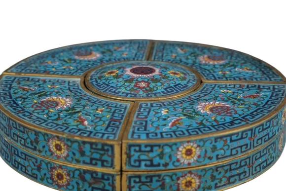 蘭亭古美術(shù)オークション清 銅景泰藍(lán)掐絲琺瑯五子攢盒食盒 一組（五件）
