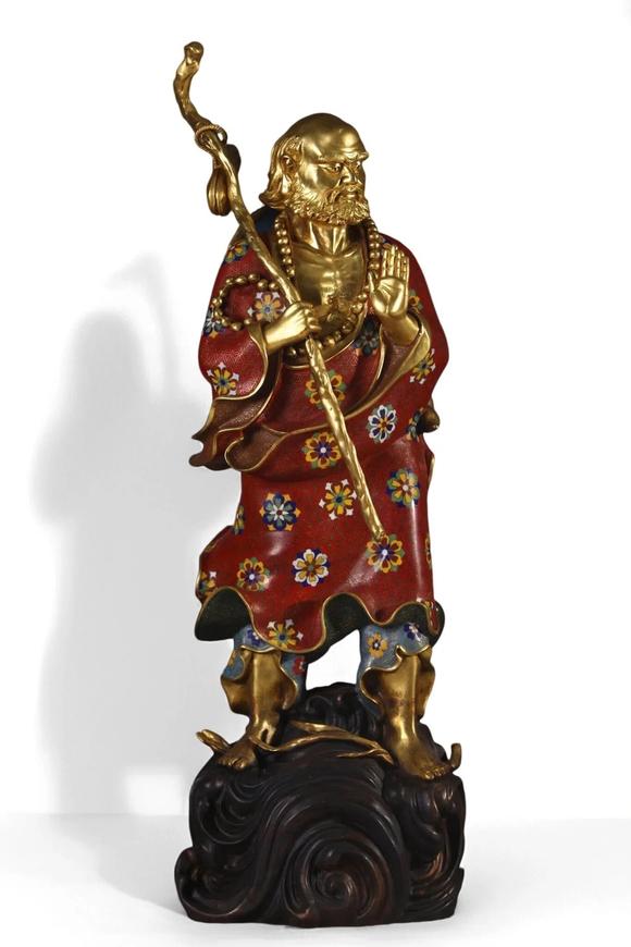 蘭亭古美術オークション清 銅景泰藍掐絲琺瑯達摩一葦渡江造像