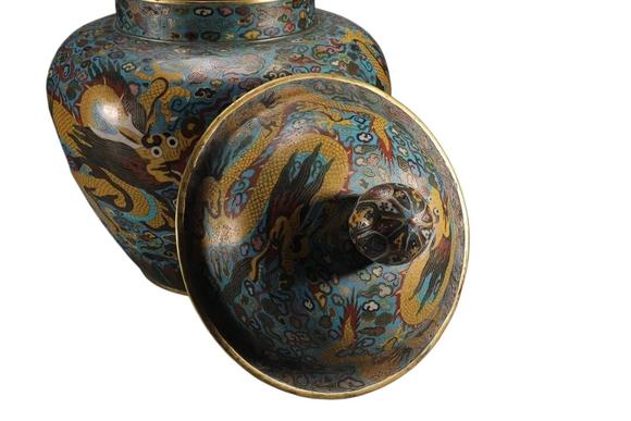 蘭亭古美術(shù)オークション清 銅景泰藍(lán)掐絲琺瑯云龍紋蓋罐 一對