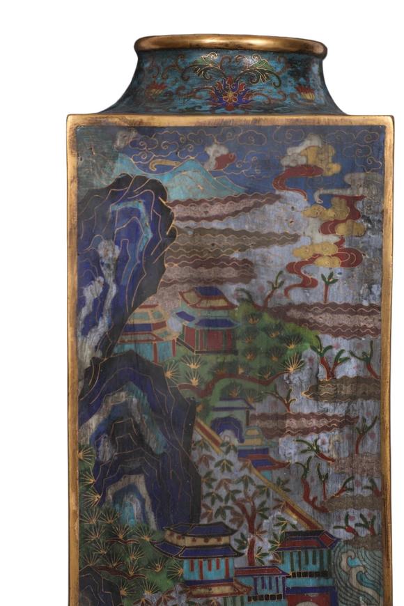 蘭亭古美術(shù)オークション清 銅景泰藍(lán)掐絲琺瑯山水圖四方琮式瓶 一對(duì)