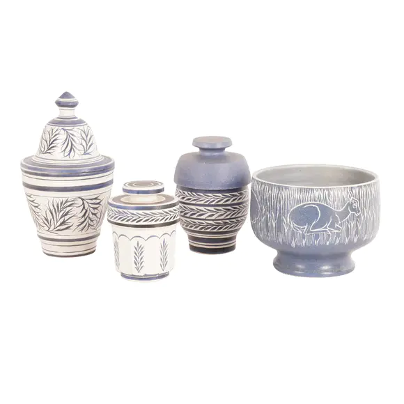 Chiswick AuctionsLudwig Van Der Straeten Four pieces of studio pottery in blue and white