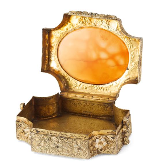 Duke's Auctions Lot 210 LADY EMMA HAMILTON INTEREST: A GILDED WHITE METAL PATCH BOX