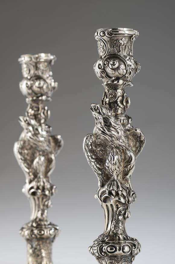 VERITAS Art AuctioneersA pair of George III silver four-light candelabra