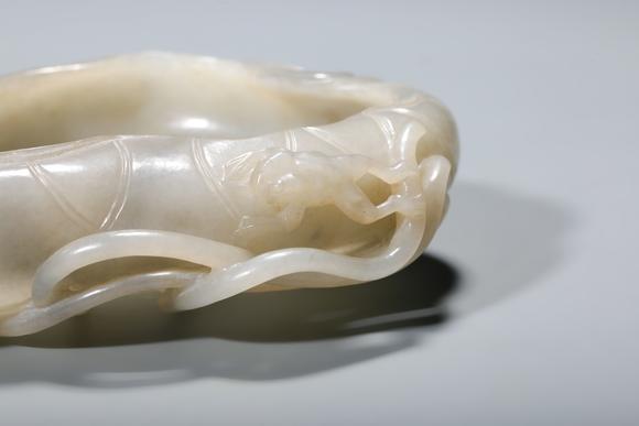 SEAVIEW AUCTIONS PTY LTDA White Jade Lotus Leaf Brush Washer with Frog Carving, Wood Stand, China, 14th–17th centuries