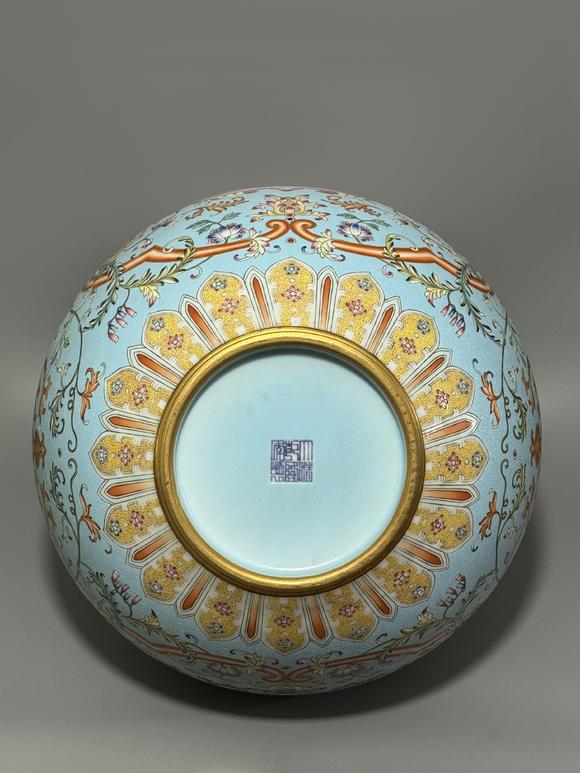 SEAVIEW AUCTIONS PTY LTDA Turquoise-Ground Famille Rose Globular Vase with Bat, Longevity Character and Intertwined Floral Scroll Motifs, Gilt Rim, China, 18th century