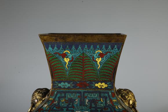 SEAVIEW AUCTIONS PTY LTDA Cloisonne Enamel Square Vase with Twin Elephant Handles and Dragon Motifs, China, 18th CE