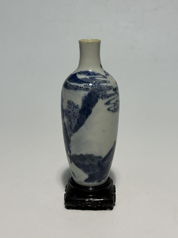 SEAVIEW AUCTIONS PTY LTDA Blue and White Vase Depicting a Literati Riding Donkey, Fitted with Wooden Stand, 18th–19th Century