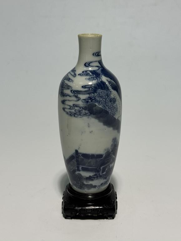 SEAVIEW AUCTIONS PTY LTDA Blue and White Vase Depicting a Literati Riding Donkey, Fitted with Wooden Stand, 18th–19th Century