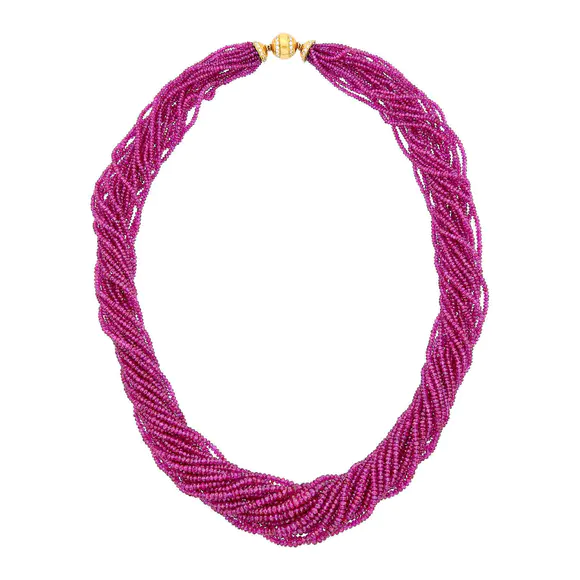 DOYLE Auctioneers & AppraisersMultistrand Ruby Bead Torsade Necklace with Gold and Diamond Clasp