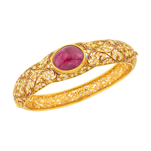 DOYLE Auctioneers & AppraisersGold, Cabochon Ruby, Diamond and Orange Enamel Bangle Bracelet