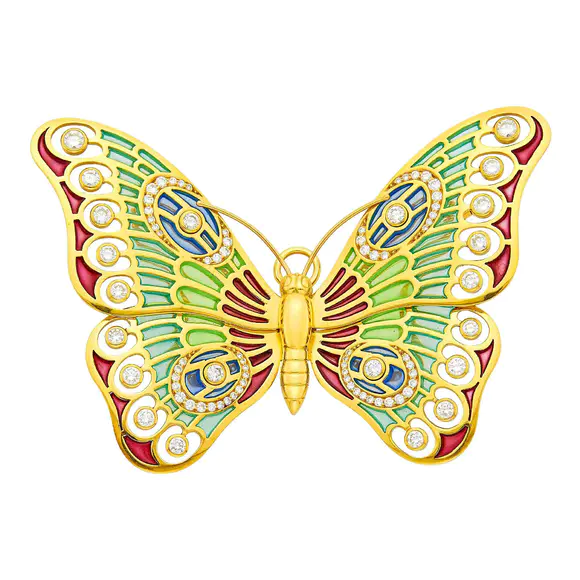 DOYLE Auctioneers & AppraisersLeo De Vroomen Gold, Plique-à-Jour Enamel and Diamond Butterfly Pendant-Brooch