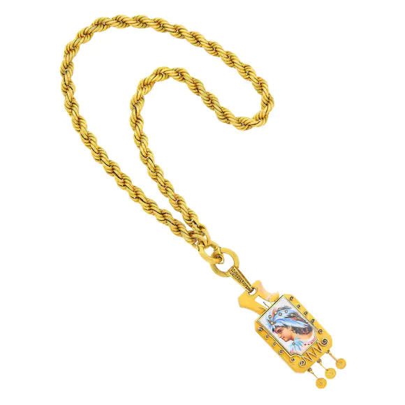 DOYLE Auctioneers & AppraisersAntique Twisted Gold Chain Necklace with Gold, Silver and Painted Portrait Miniature and Diamond