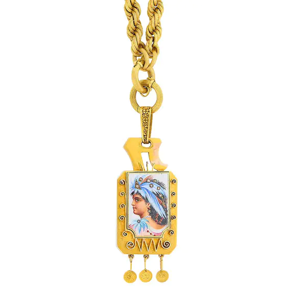 DOYLE Auctioneers & AppraisersAntique Twisted Gold Chain Necklace with Gold, Silver and Painted Portrait Miniature and Diamond