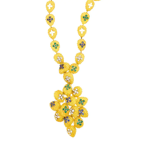 DOYLE Auctioneers & AppraisersLong Gold, Diamond, Emerald, Sapphire Pendant-Brooch Necklace