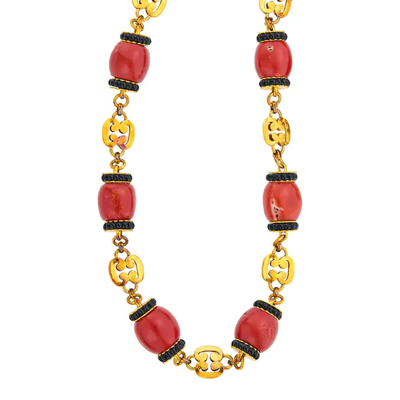 DOYLE Auctioneers & AppraisersTrio Long Gold, Coral and Black Onyx Bead Chain Necklace