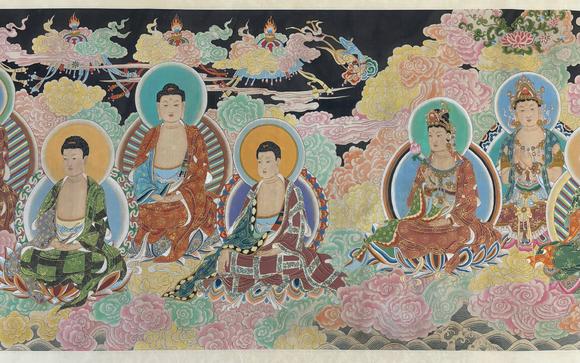 東京蕓術(shù)張大千 五佛十菩薩聖像圖長(zhǎng)卷 絹畫(huà)