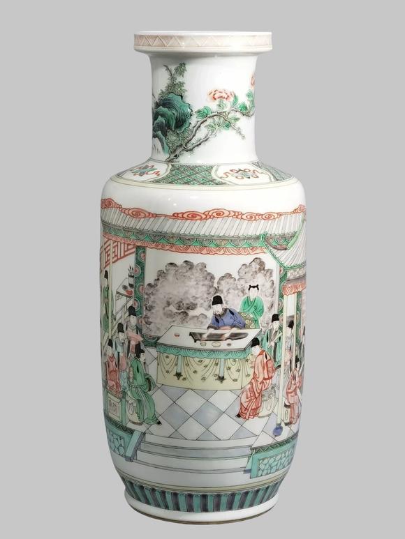 東京蕓術(shù)清康熙五彩十八學(xué)士圖棒槌瓶
