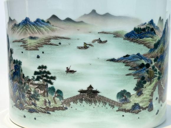 Castle AuctionA Chinese Famille Rose brush pot with landscape figure decoration, Qian Long Pr. 