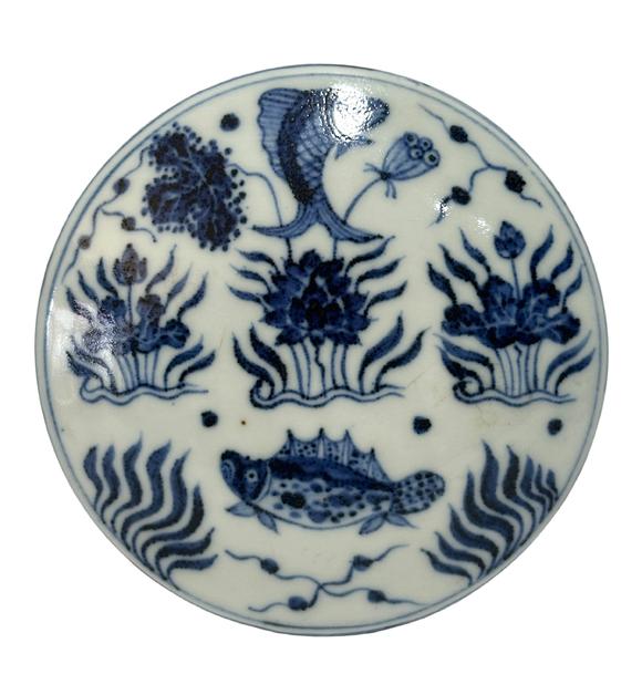 Castle AuctionA Chinese rare shape Blue and white jar with fish and algae patterns, Ming Dynasty Pr.  