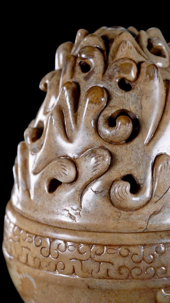 Castle AuctionA Calcified Brown Jade Boshan Censer, Han, Circa 2nd C BC–2nd C AD Pr.