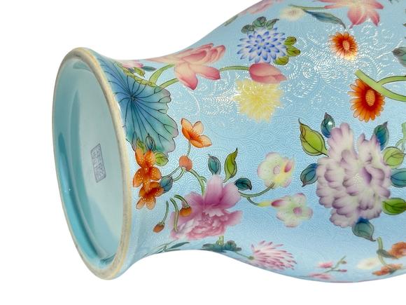 Castle AuctionA Chinese blue-ground Famille Rose vase, Qian Long Pr. 