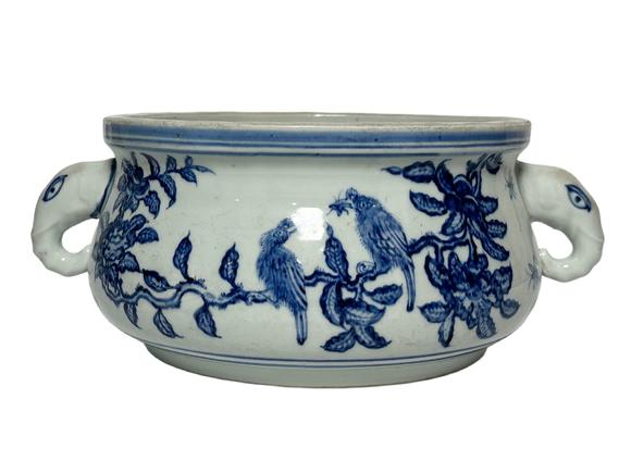 Castle AuctionBlue-and-white flower-and-bird elephant-eared censor, Kang Xi Pr. 