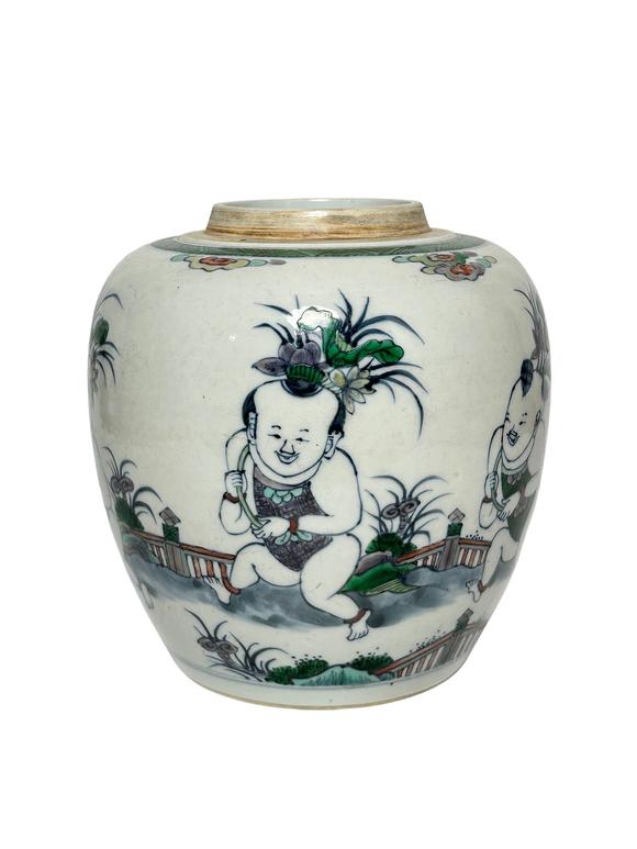 Castle AuctionBlue and white and colorful infant players pattern jar, Ming Dynasty Pr. 