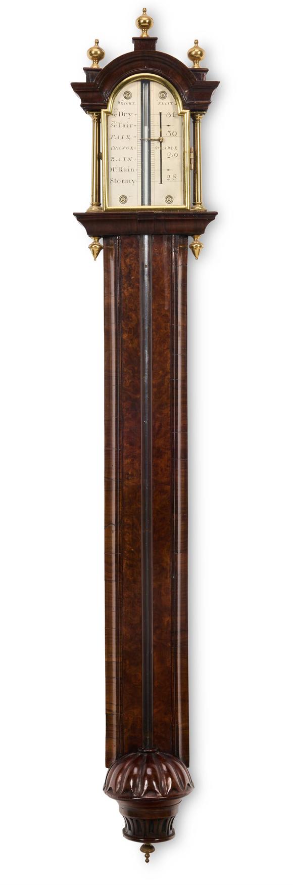DreweattsTHOMAS WRIGHT: A GEORGE II BRASS MOUNTED WALNUT STICK BAROMETER