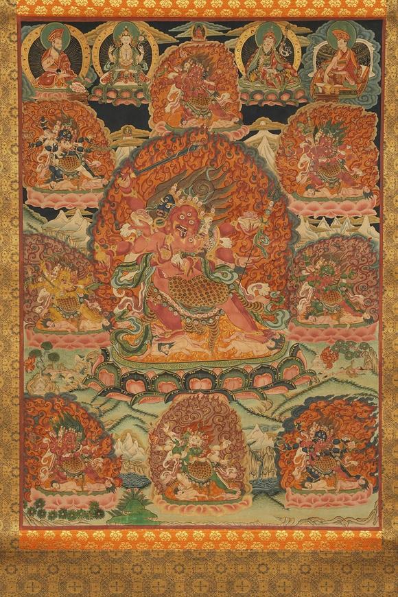 京都祇園會(huì)拍賣清乾隆 寧瑪派八部普巴金剛（九普巴）唐卡 欽則（欽孜）畫派體系 
 布面 日本古裂裝裱 日本桐箱附 本物保證