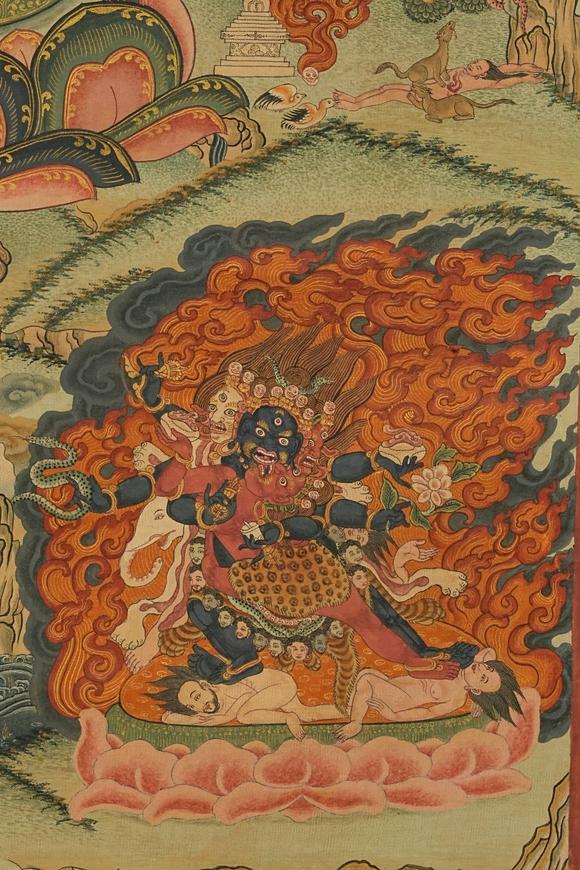 京都祇園會(huì)拍賣清乾隆 寧瑪派八部普巴金剛（九普巴）唐卡 欽則（欽孜）畫派體系 
 布面 日本古裂裝裱 日本桐箱附 本物保證