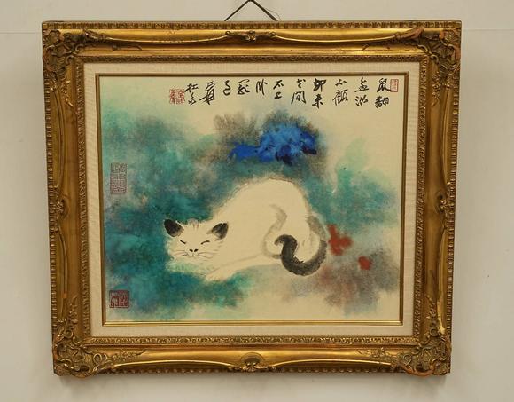 京都祇園會拍賣張大千 潑彩貓 紙本框裝