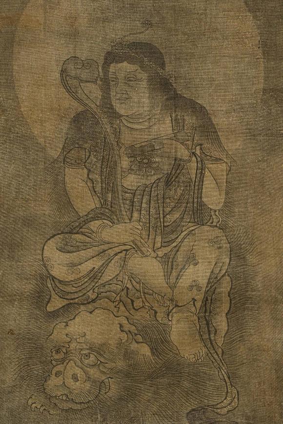 京都祇園會拍賣元代 華嚴三圣圖三幅 絹本掛軸 日本古裂裝裱 日本桐箱附
