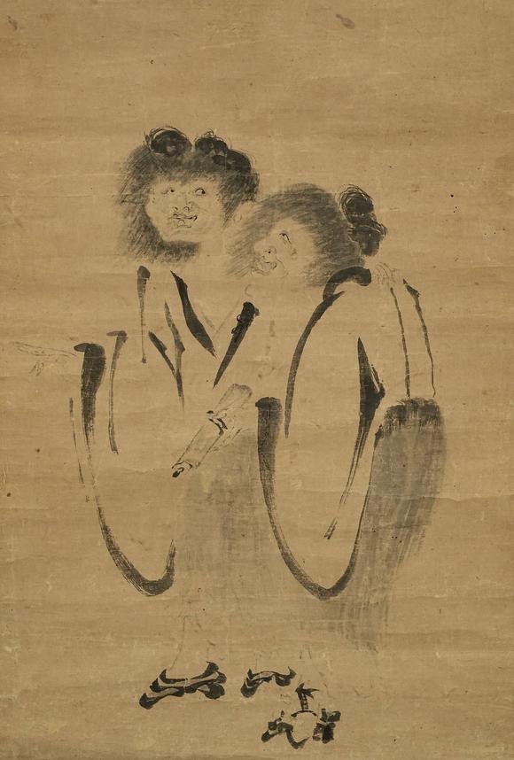 京都祇園會(huì)拍賣(mài)一山一寧 石梁贊寒心拾得 日本古裂裝裱 箱書(shū)附 紙本掛軸 雙箱