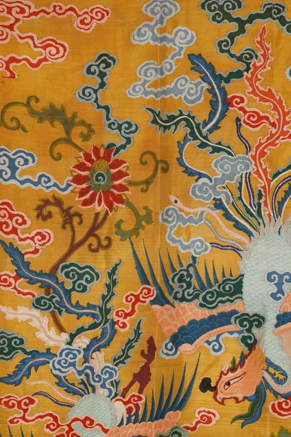 Eden Fine Antiques Galleries LLCA CHINESE YELLOW THREE PHOENIX BROCADE PANEL