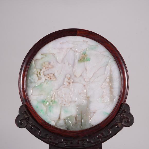 Eden Fine Antiques Galleries LLCA CHINESE JADEITE TABLE SCREEN: BOY WASHING ELEPHANT