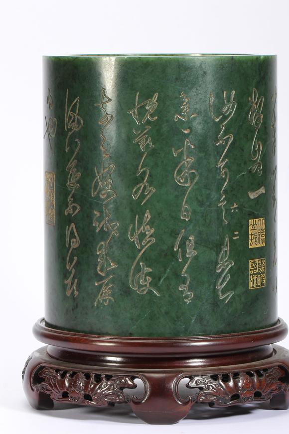 Eden Fine Antiques Galleries LLCA CHINESE SPINACH JADE POEM BRUSH POT