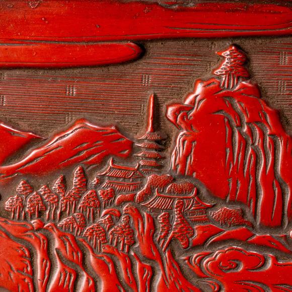 大阪美術(shù)商會明 堆朱山水樓閣圖方盤