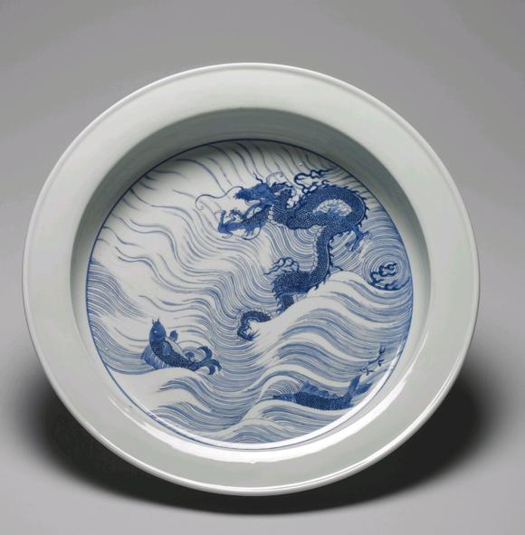 華藝國際清康熙  臧窯五彩赤鯉朝日圖洗