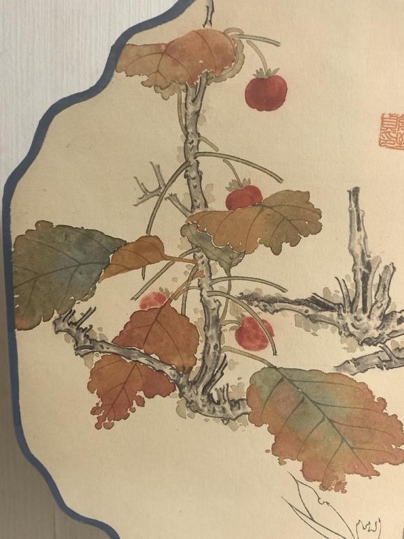 日本松町古美俞致貞，鄧散木 秋實(shí)山雀圖成扇（不帶展示架）