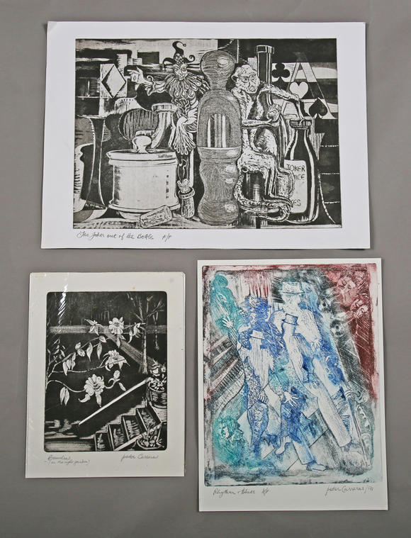 TooveysPeter Carreras (British 1921-2019) - a collection of ten etchings and other prints, including ‘St Mary’s Sompting’, ’Danns across the Sands', 'Sun
